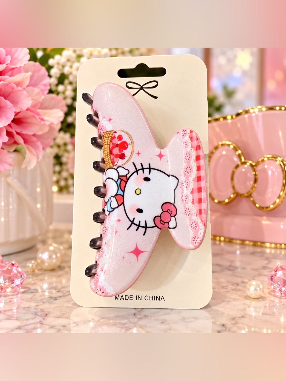 Hello Kitty Pink Gingham Cherry Basket Hair Claw Clip NWT 3”